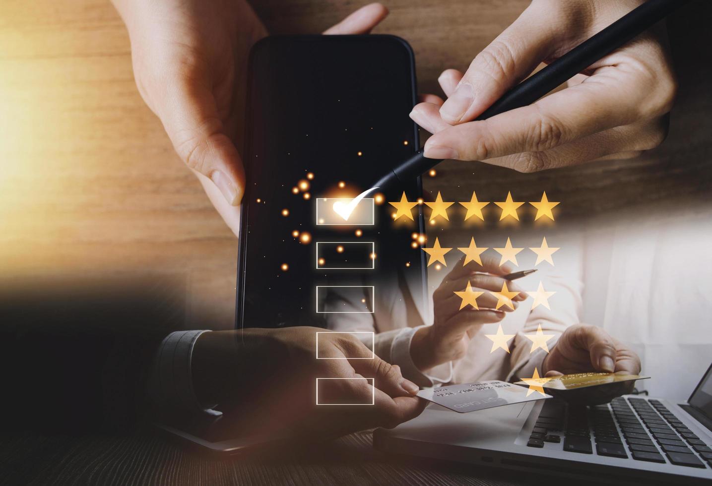 Customer evaluation feedback.men in suit Giving Positive Review for Client's Satisfaction Surveys.giving a five star rating. Service rating, satisfaction concept photo