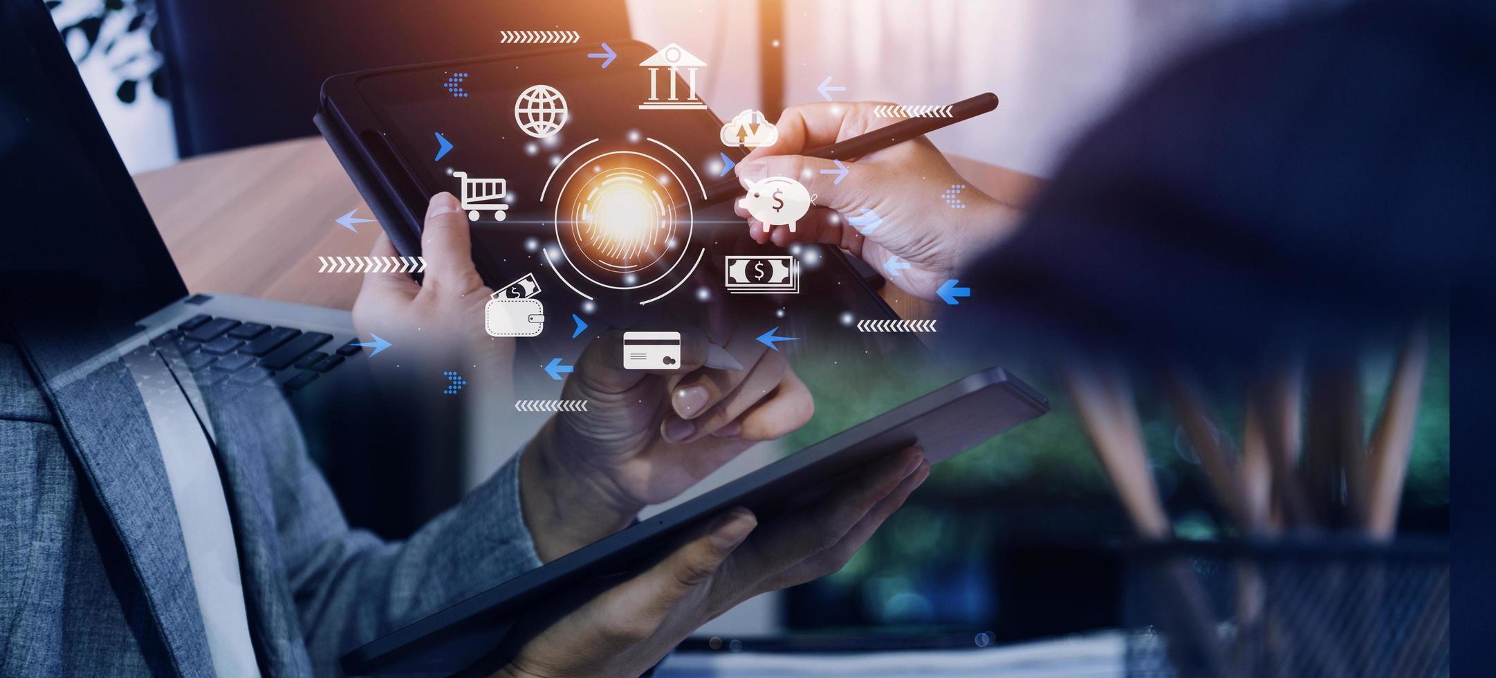 futuristic digital processing of biometric identification fingerprint scanner for access personal financial data. surveillance and security scanning of digital programs cyber futuristic applications photo