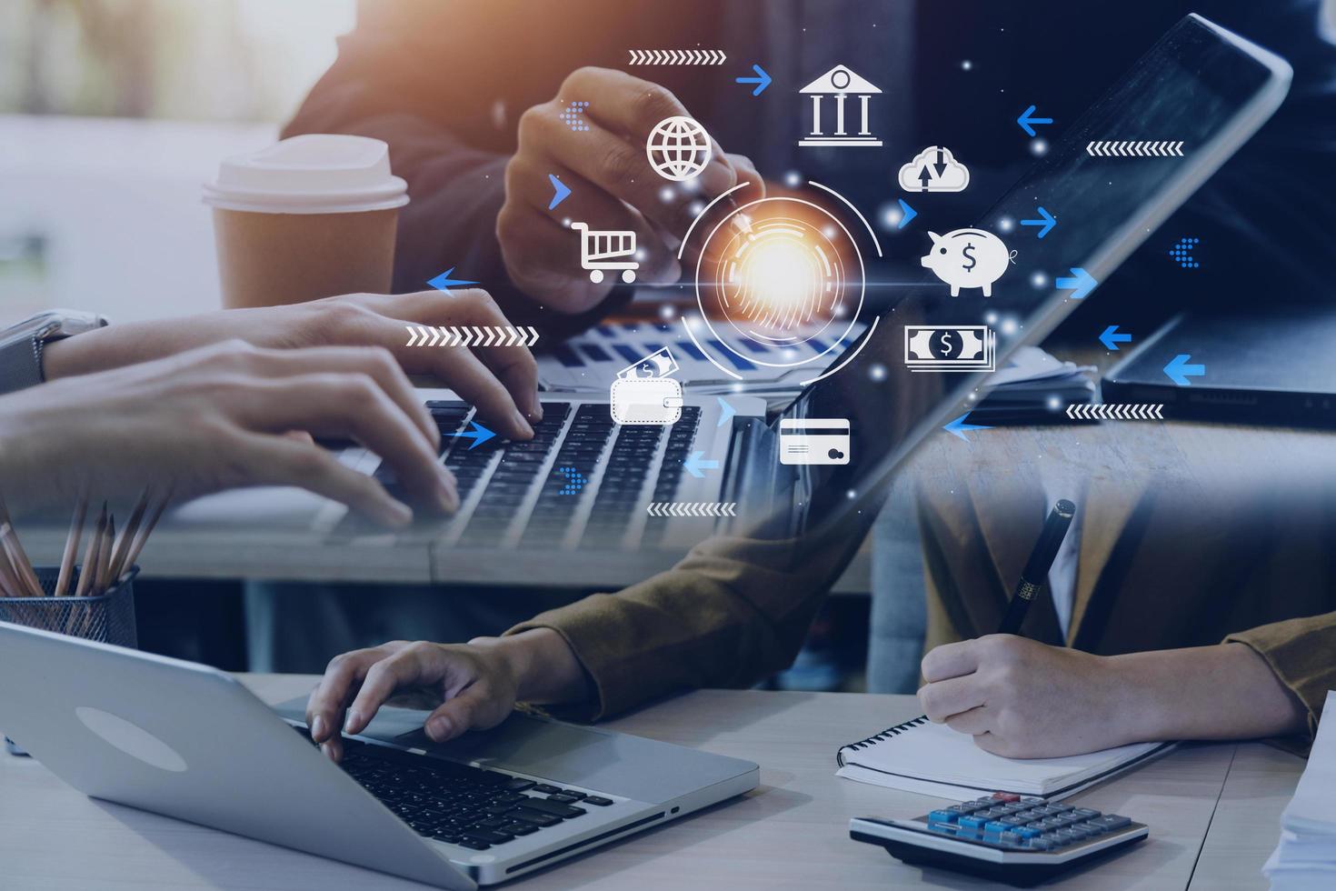 futuristic digital processing of biometric identification fingerprint scanner for access personal financial data. surveillance and security scanning of digital programs cyber futuristic applications photo