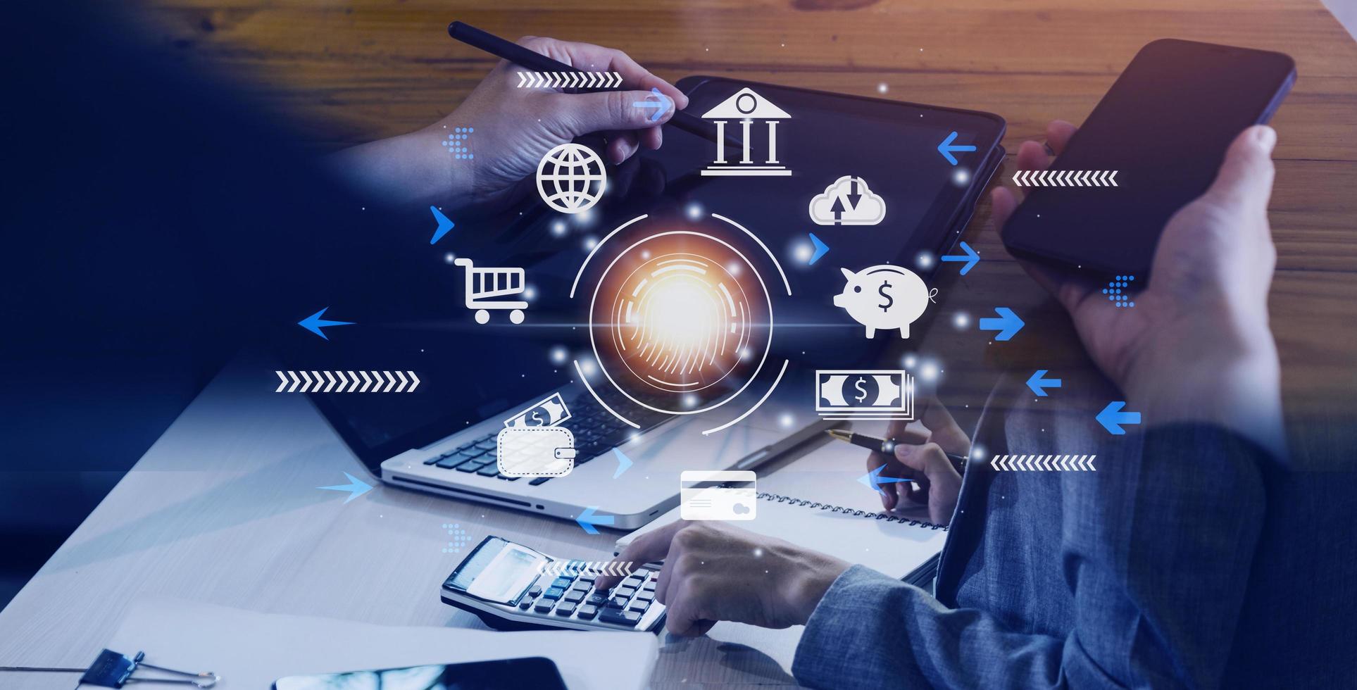 futuristic digital processing of biometric identification fingerprint scanner for access personal financial data. surveillance and security scanning of digital programs cyber futuristic applications photo