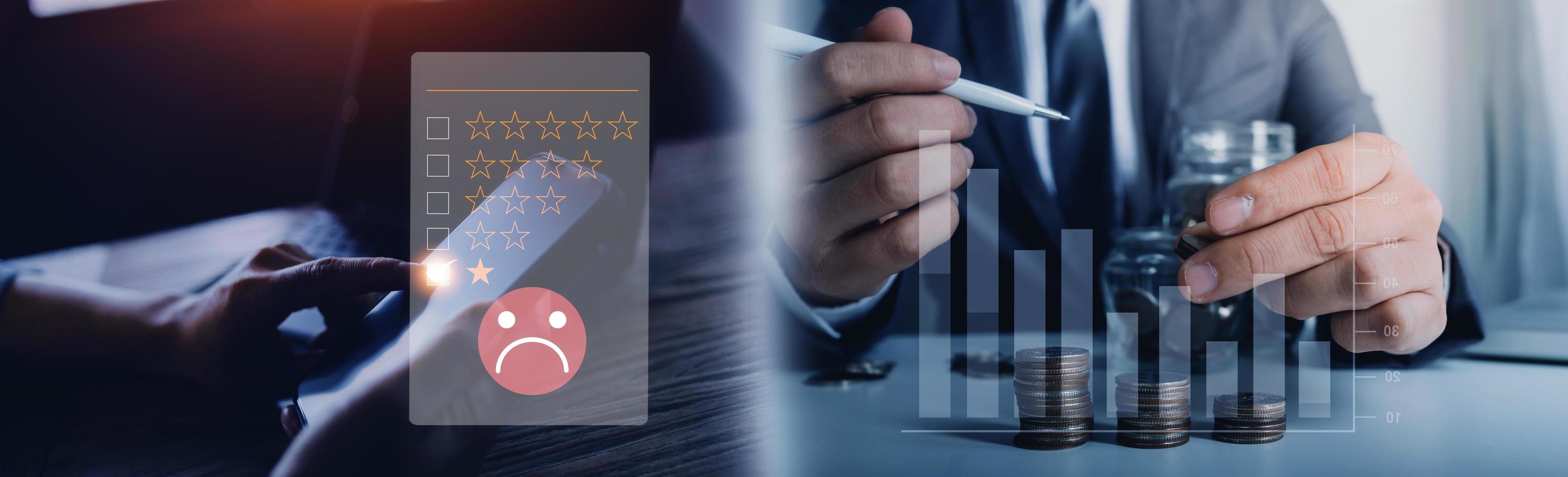Customer Experience dissatisfied Concept, Unhappy Businessman Client with Sadness Emotion Face on smartphone screen, Bad review, bad service dislike bad quality, low rating, social media not good. photo