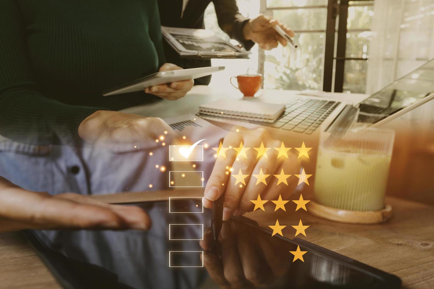 Customer evaluation feedback.men in suit Giving Positive Review for Client's Satisfaction Surveys.giving a five star rating. Service rating, satisfaction concept photo