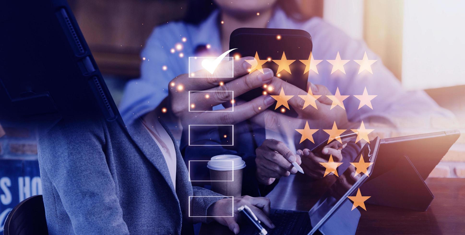 Customer evaluation feedback.men in suit Giving Positive Review for Client's Satisfaction Surveys.giving a five star rating. Service rating, satisfaction concept photo