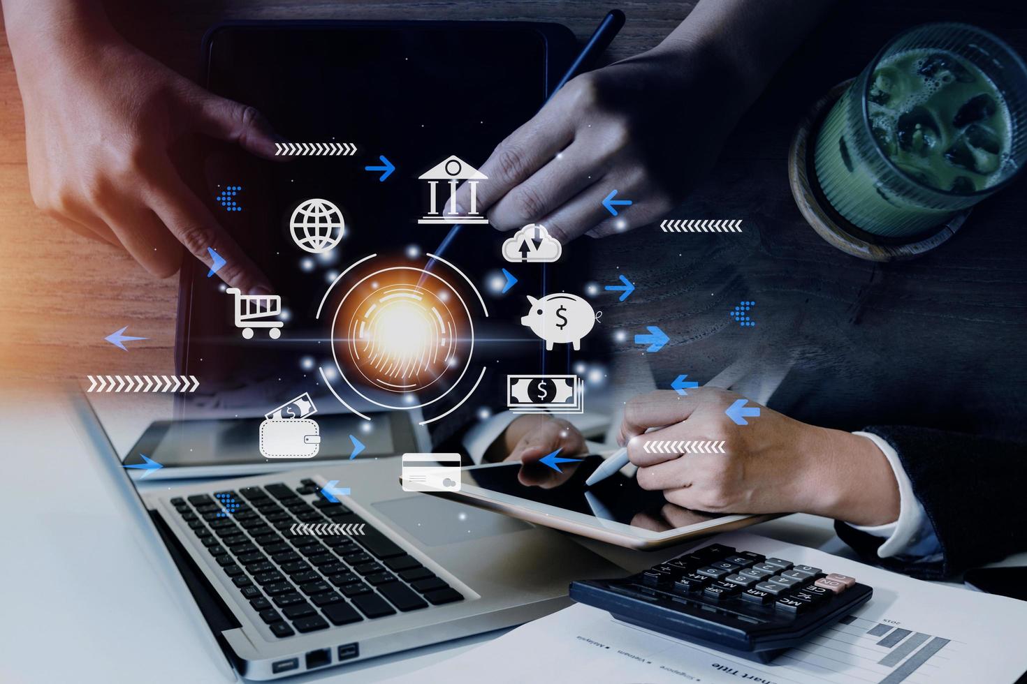 futuristic digital processing of biometric identification fingerprint scanner for access personal financial data. surveillance and security scanning of digital programs cyber futuristic applications photo