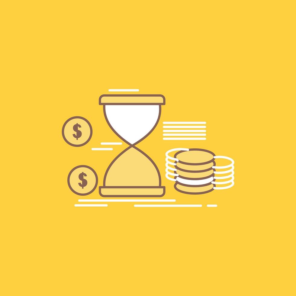 Hourglass. management. money. time. coins Flat Line Filled Icon. Beautiful Logo button over yellow background for UI and UX. website or mobile application vector