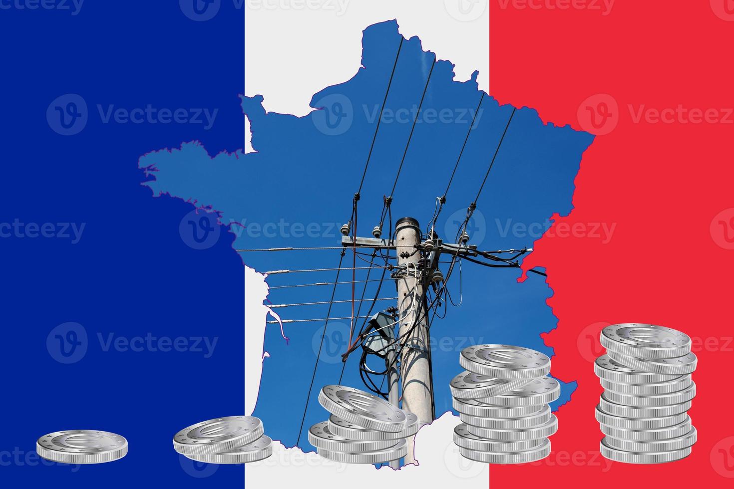 Outline map of France with the image of the national flag. Power line inside the map.Stacks of Euro coins. Collage. Energy crisis. photo