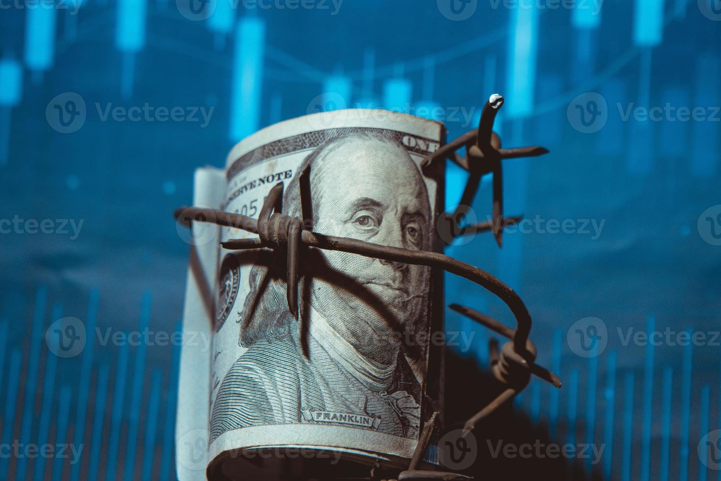 Dollar banknote with barbed wire, Economic crisis, background effect with little noise photo