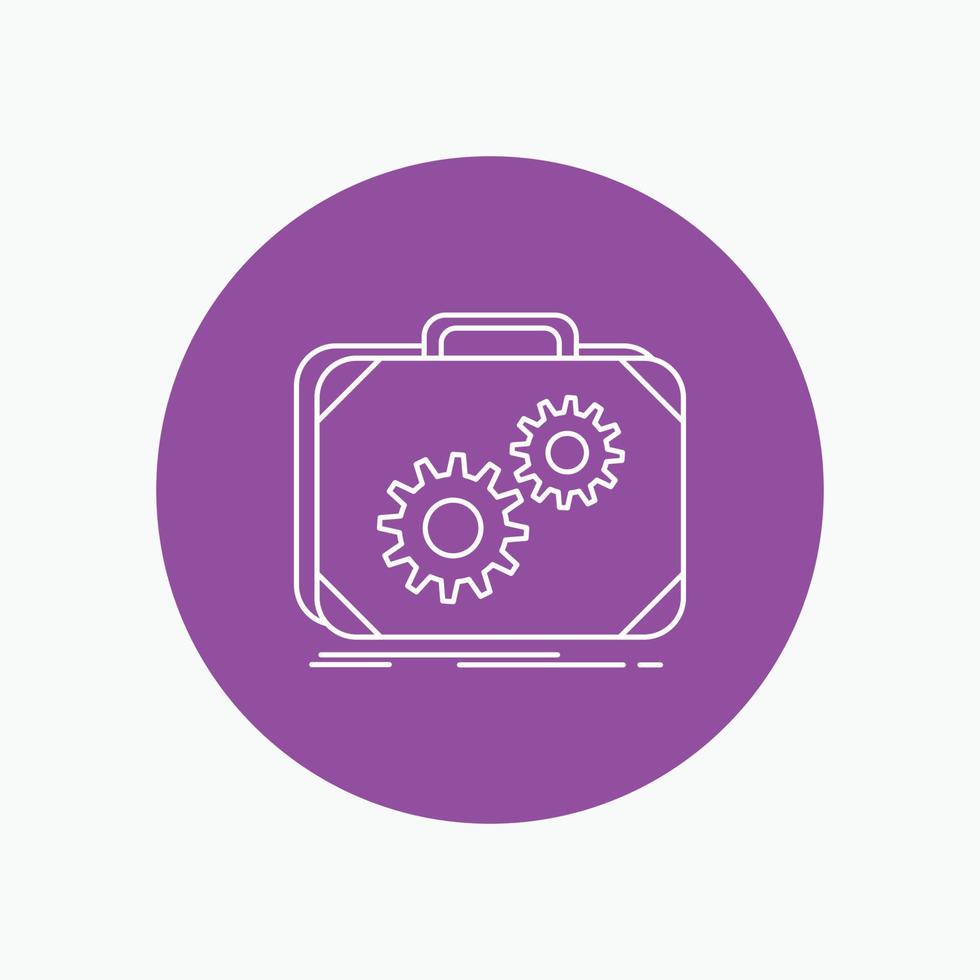 Briefcase. case. production. progress. work White Line Icon in Circle background. vector icon illustration