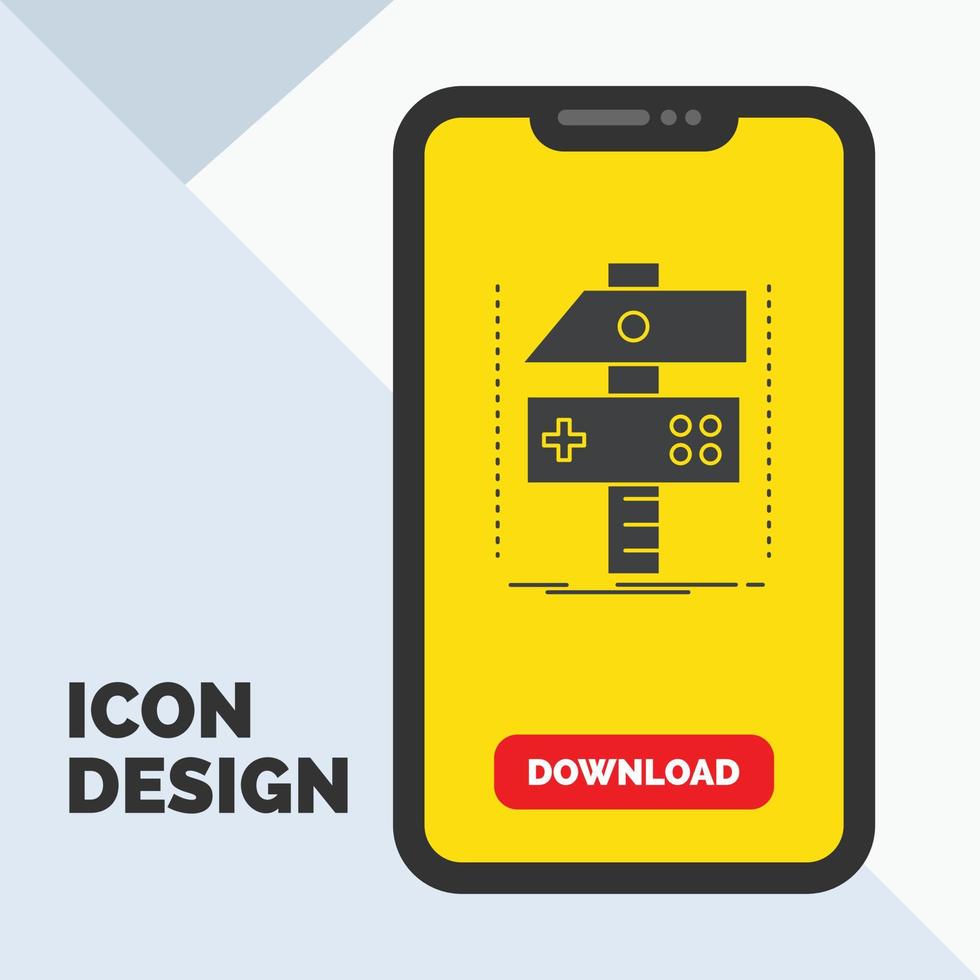 Build. craft. develop. developer. game Glyph Icon in Mobile for Download Page. Yellow Background vector