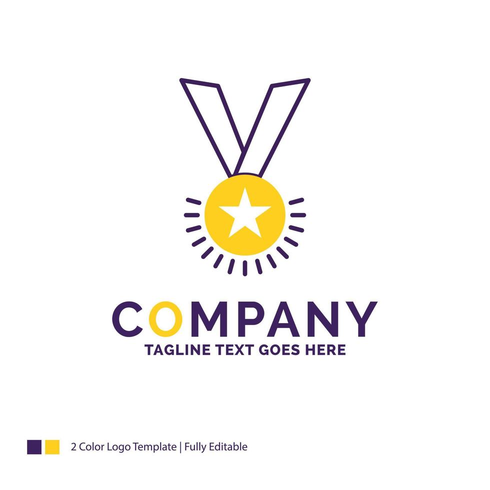 Company Name Logo Design For Award. honor. medal. rank. reputation. ribbon. Purple and yellow Brand Name Design with place for Tagline. Creative Logo template for Small and Large Business. vector