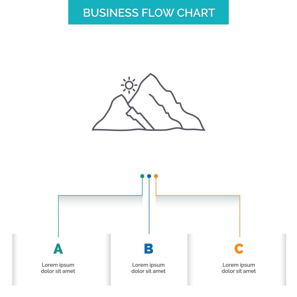 mountain. landscape. hill. nature. sun Business Flow Chart Design with 3 Steps. Line Icon For Presentation Background Template Place for text vector