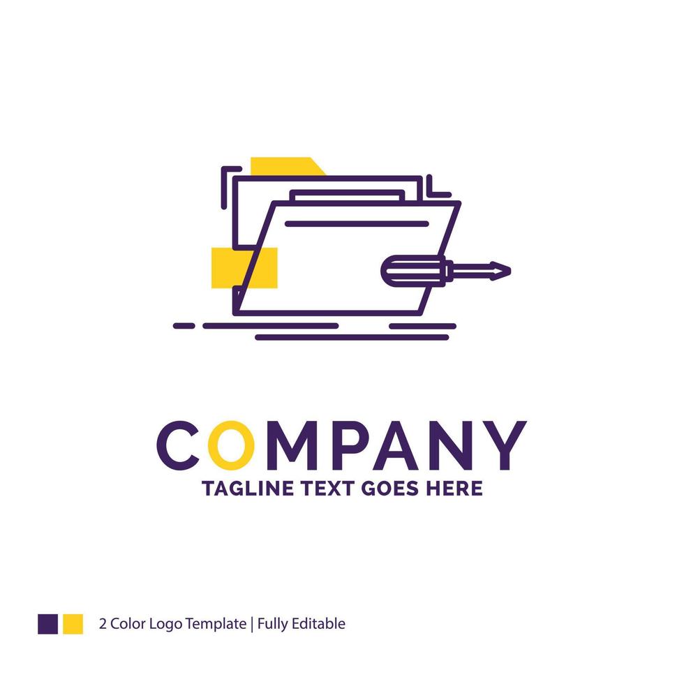 Company Name Logo Design For Folder. repair. skrewdriver. tech. technical. Purple and yellow Brand Name Design with place for Tagline. Creative Logo template for Small and Large Business. vector