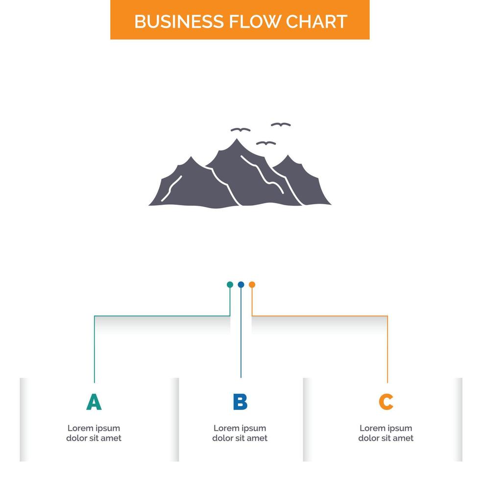 mountain. landscape. hill. nature. birds Business Flow Chart Design with 3 Steps. Glyph Icon For Presentation Background Template Place for text. vector
