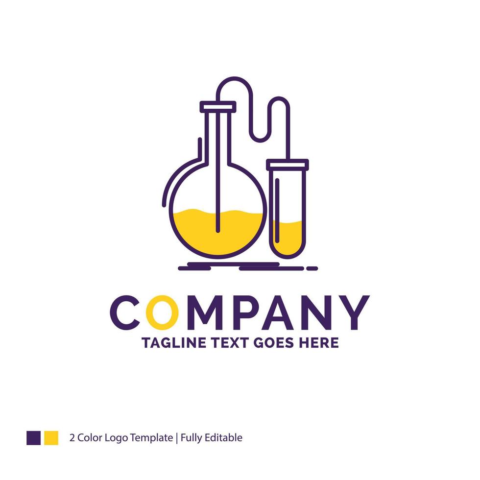 Company Name Logo Design For Analysis. chemistry. flask. research. test. Purple and yellow Brand Name Design with place for Tagline. Creative Logo template for Small and Large Business. vector