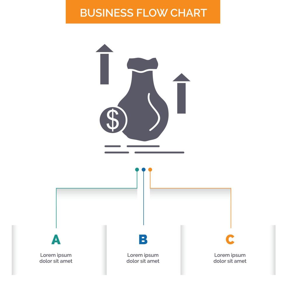 money. bag. dollar. growth. stock Business Flow Chart Design with 3 Steps. Glyph Icon For Presentation Background Template Place for text. vector
