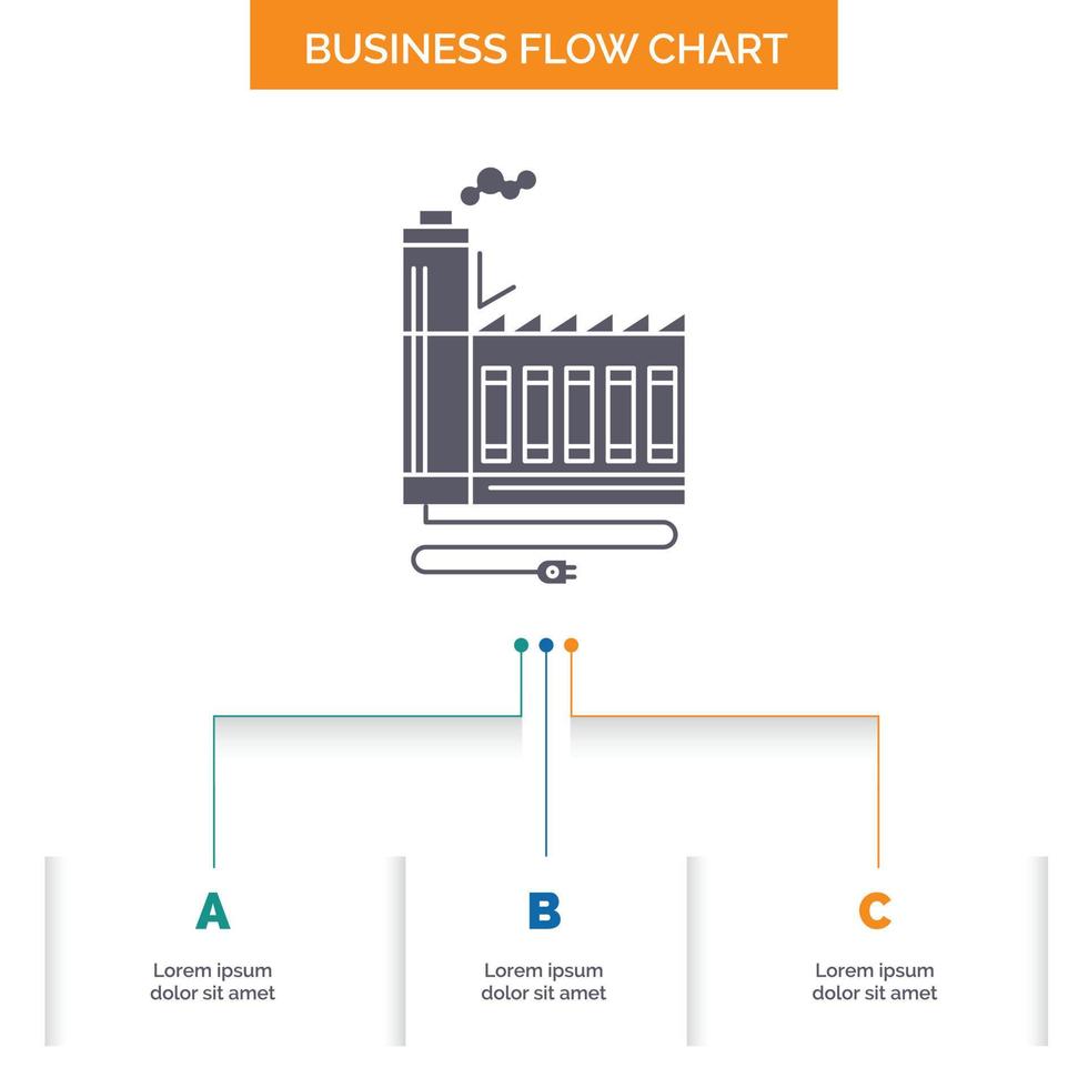 Consumption. resource. energy. factory. manufacturing Business Flow Chart Design with 3 Steps. Glyph Icon For Presentation Background Template Place for text. vector