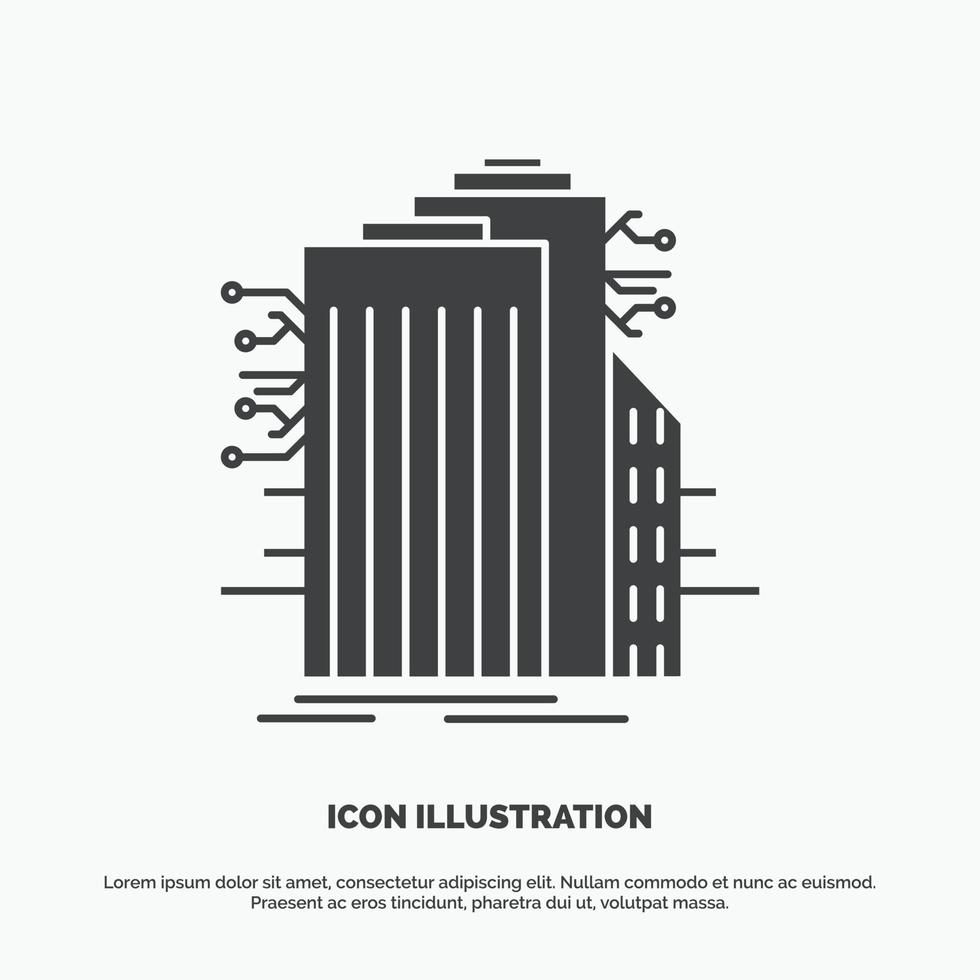 edificio. tecnología. ciudad inteligente. conectado. icono de Internet. símbolo gris vectorial de glifo para ui y ux. sitio web o aplicación móvil vector