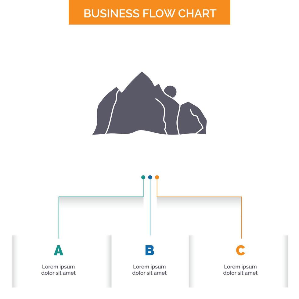 Cerro. paisaje. naturaleza. montaña. diseño de diagrama de flujo de negocios de escena con 3 pasos. icono de glifo para el lugar de plantilla de fondo de presentación para texto. vector