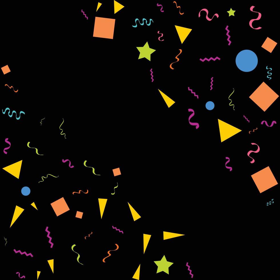 confeti de colores. ilustración festiva vectorial de la caída de confeti brillante aislado sobre fondo negro negro. elemento de oropel decorativo de vacaciones para el diseño vector
