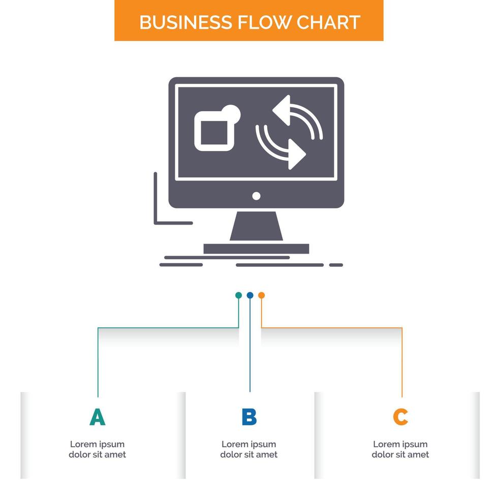 update. app. application. install. sync Business Flow Chart Design with 3 Steps. Glyph Icon For Presentation Background Template Place for text. vector