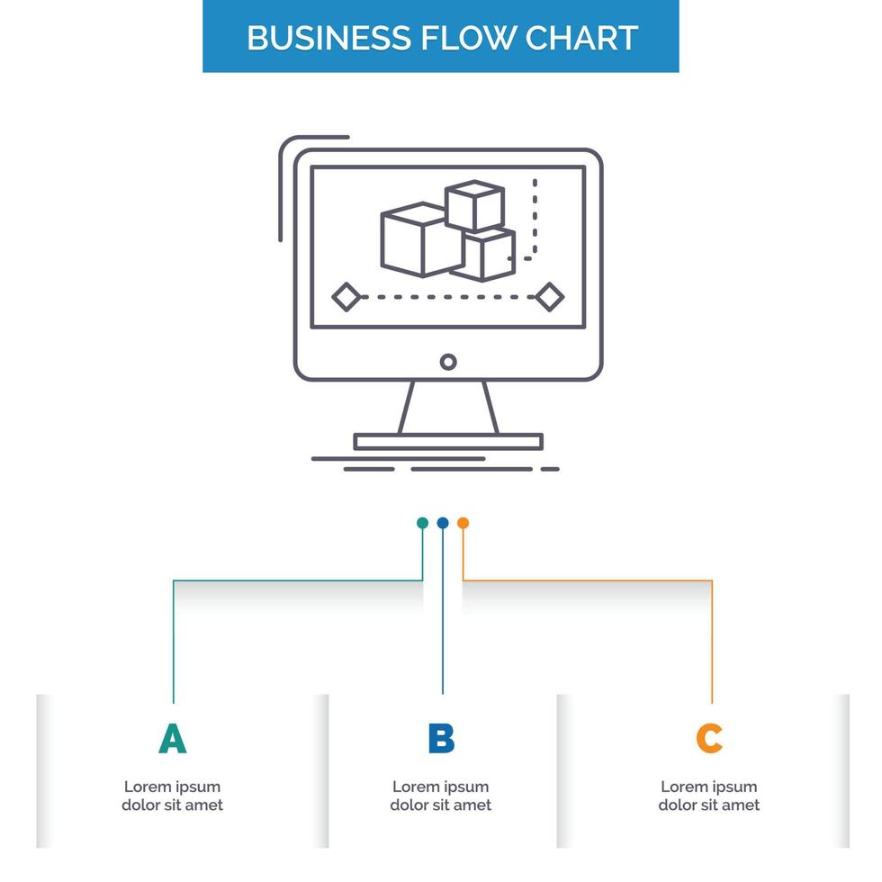Animation. computer. editor. monitor. software Business Flow Chart Design with 3 Steps. Line Icon For Presentation Background Template Place for text vector