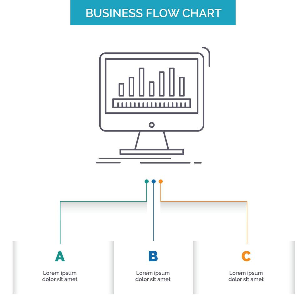 analytics. processing. dashboard. data. stats Business Flow Chart Design with 3 Steps. Line Icon For Presentation Background Template Place for text vector
