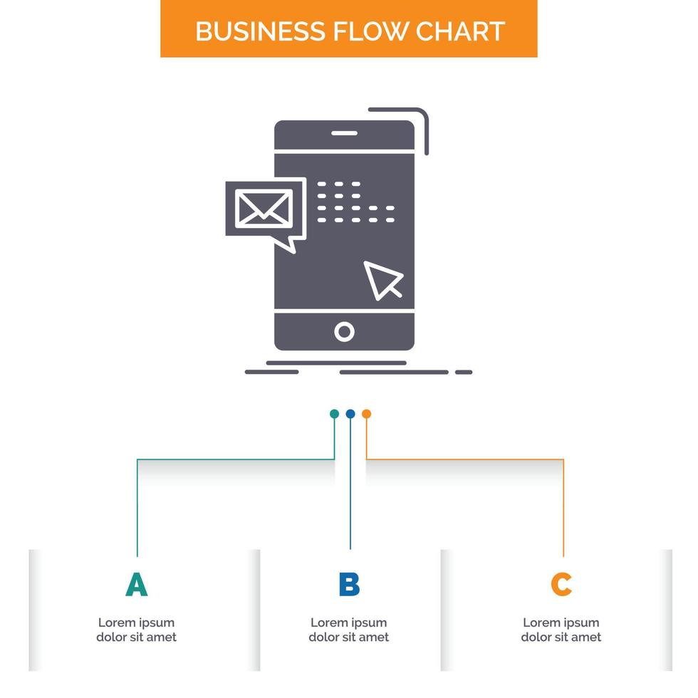 a granel. diálogo. instante. correo. diseño de diagrama de flujo de negocios de mensajes con 3 pasos. icono de glifo para el lugar de plantilla de fondo de presentación para texto. vector