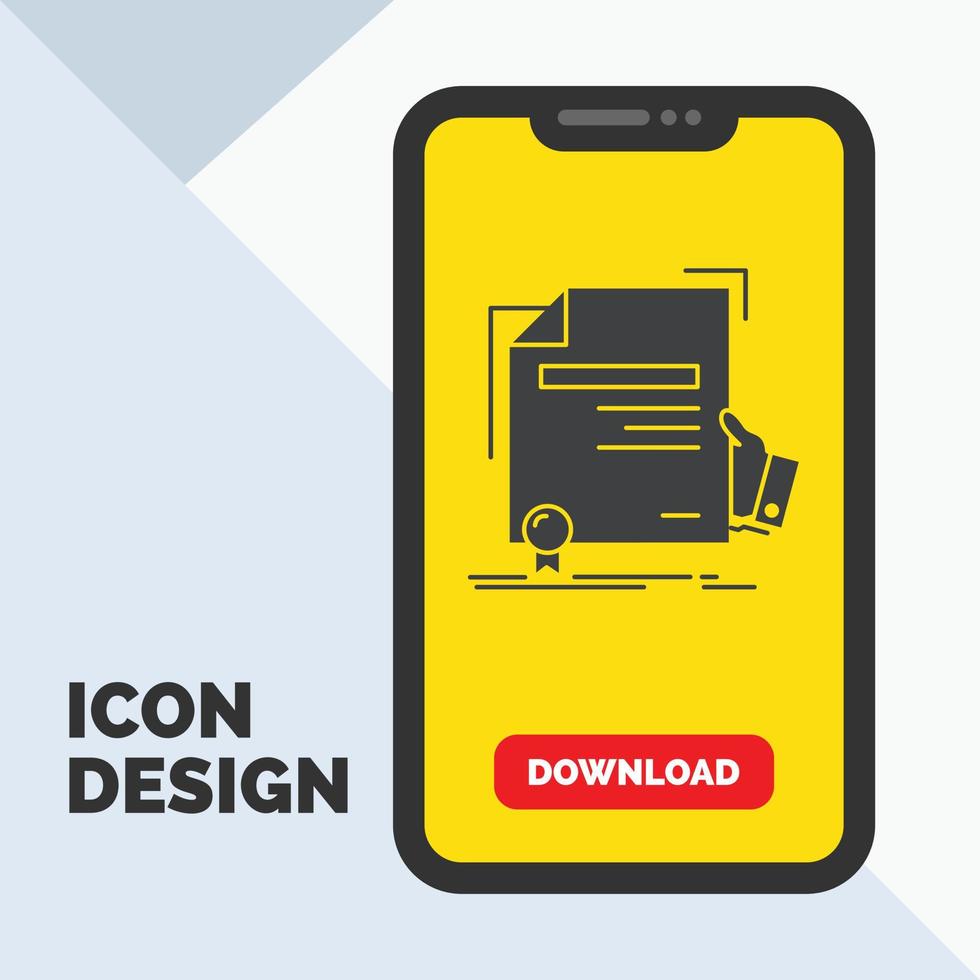 certificate. degree. education. award. agreement Glyph Icon in Mobile for Download Page. Yellow Background vector
