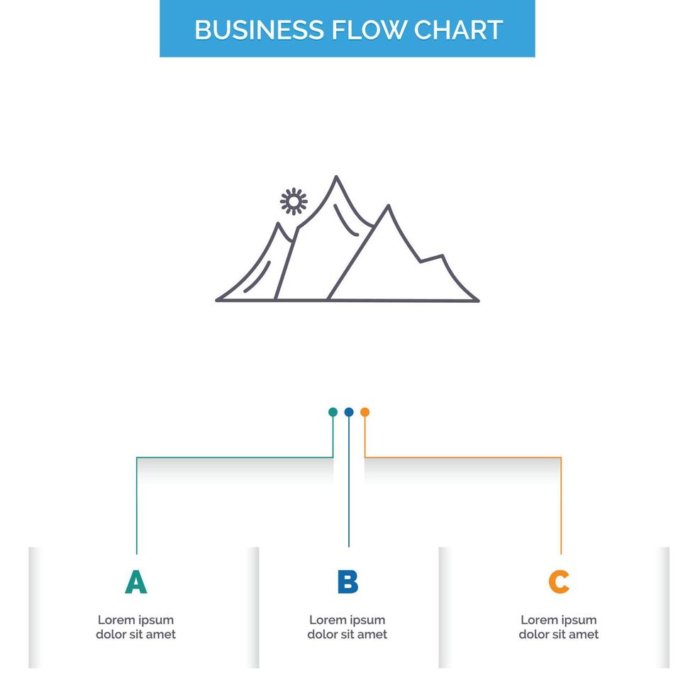 hill. landscape. nature. mountain. sun Business Flow Chart Design with 3 Steps. Line Icon For Presentation Background Template Place for text vector