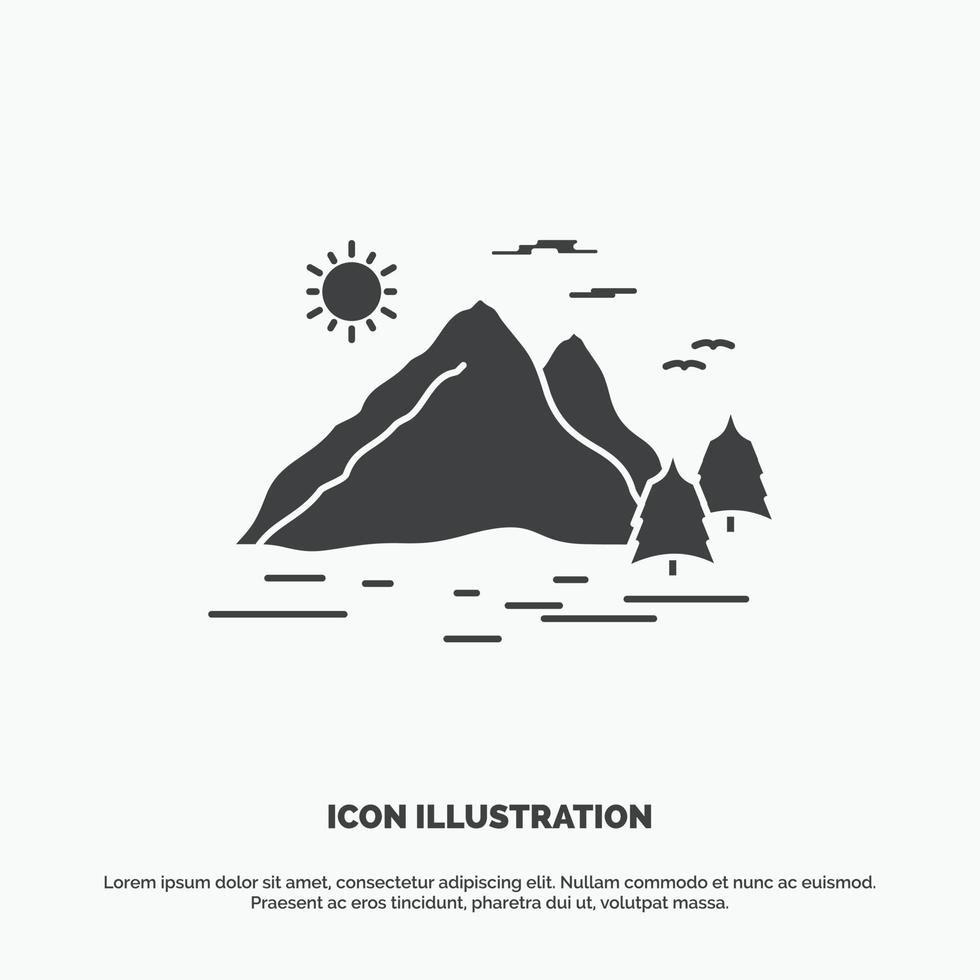 naturaleza. Cerro. paisaje. montaña. icono del sol. símbolo gris vectorial de glifo para ui y ux. sitio web o aplicación móvil vector