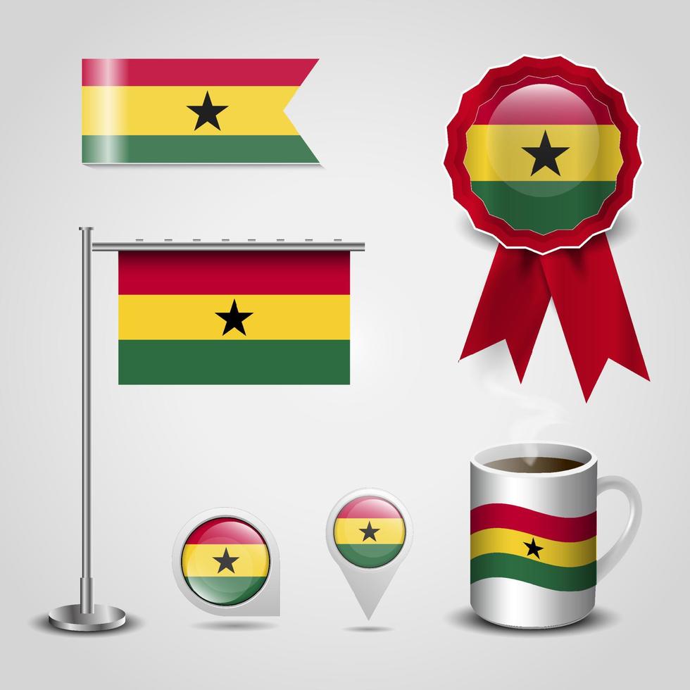 lugar de la bandera del país de ghana en el pin del mapa. poste de acero y banner de insignia de cinta vector