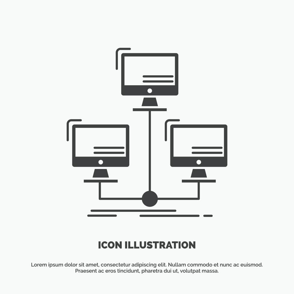 base de datos. repartido. conexión. la red. icono de la computadora símbolo gris vectorial de glifo para ui y ux. sitio web o aplicación móvil vector