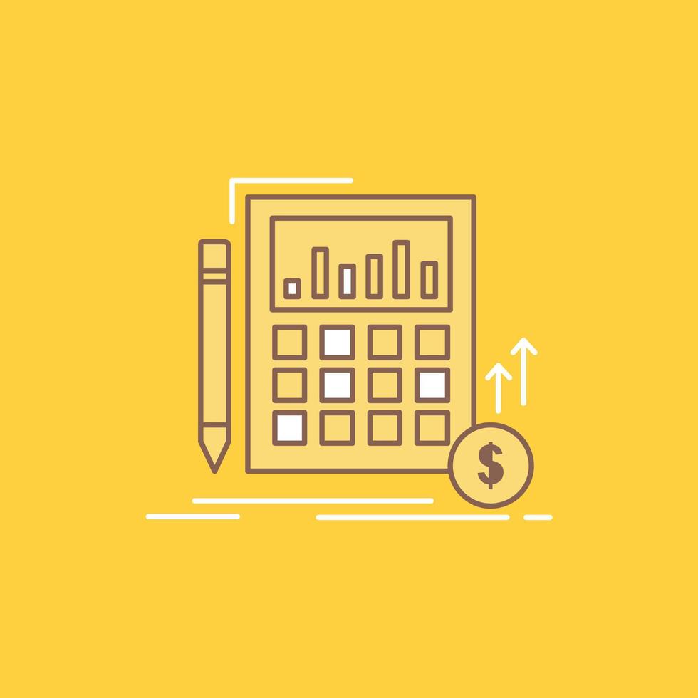 Calculation. data. financial. investment. market Flat Line Filled Icon. Beautiful Logo button over yellow background for UI and UX. website or mobile application vector