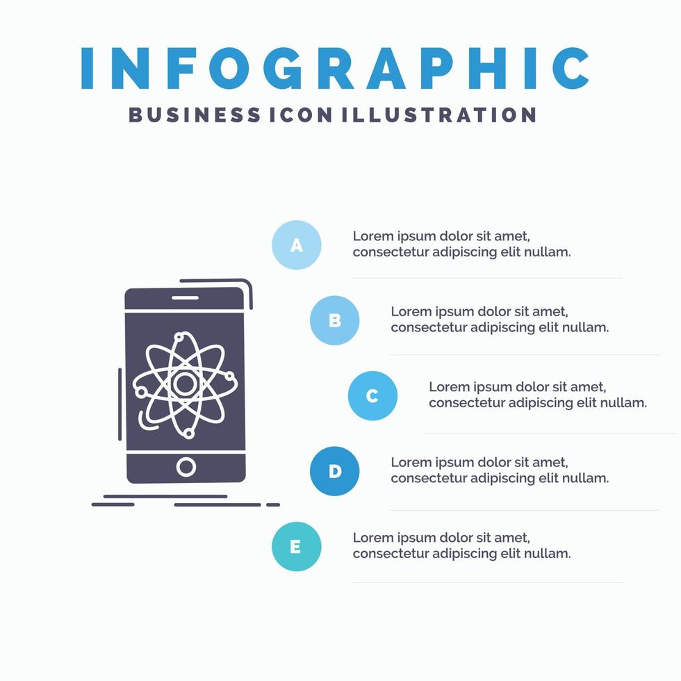 datos. información. móvil. investigar. plantilla de infografía científica para sitio web y presentación. icono de glifo gris con ilustración de vector de estilo infográfico azul.