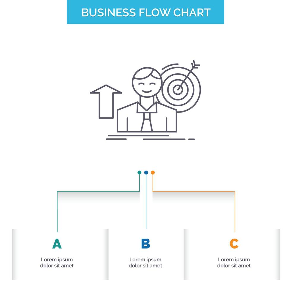 success. user. target. achieve. Growth Business Flow Chart Design with 3 Steps. Line Icon For Presentation Background Template Place for text vector