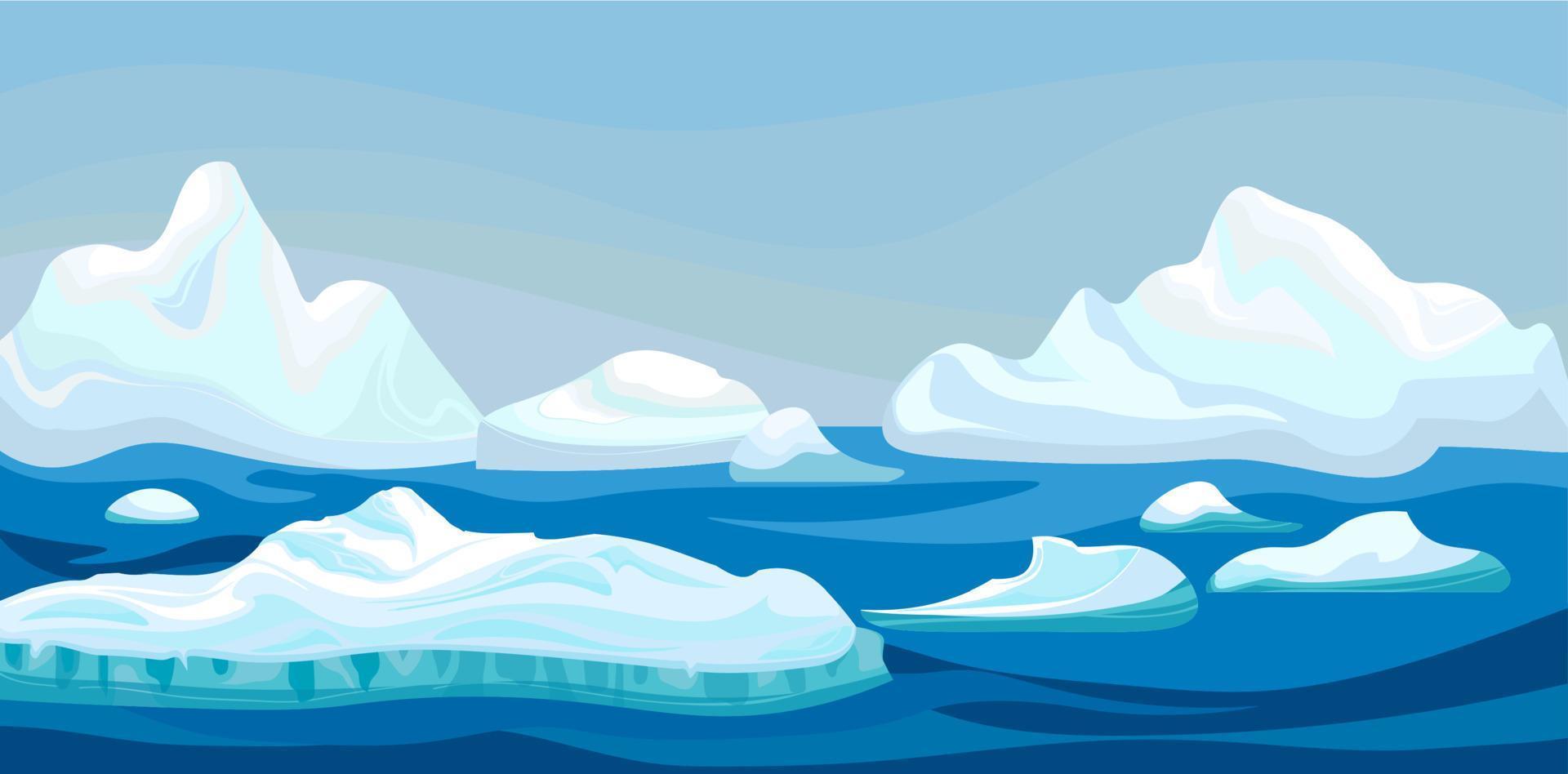 Cartoon arctic iceberg with blue sea, winter landscape. Scene game concept Arctic Ocean and snow mountains. Vector nature background illustration.