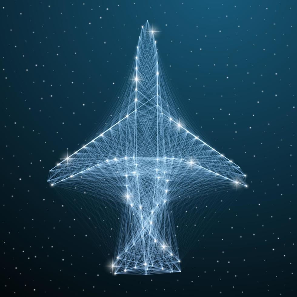 transporte de viaje de estructura alámbrica de línea de avión. avión abstracto vista superior avión de vuelo poligonal en el cielo estrella azul. concepto de avión de geometría polivinílica baja digital vectorial. vector