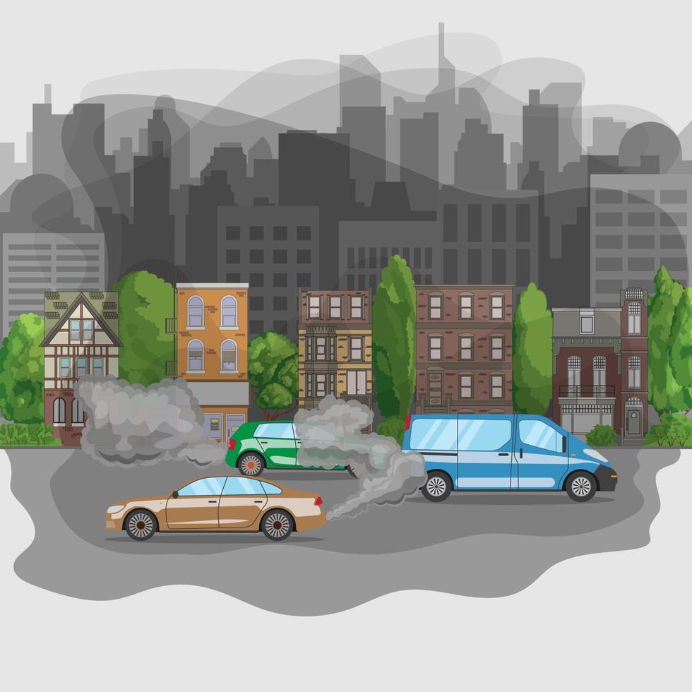 Polluted city from car exhaust. Fumes smog in town. Vector illustration