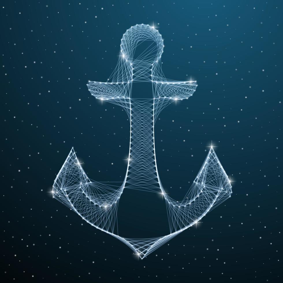Nautical Anchor low poly digital silhouette with lines and dots on blue dark star sky. Polygonal 3d marine anchor connection. Vector illustration