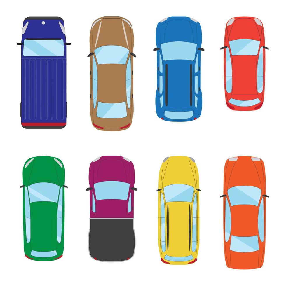 colección de varios íconos de autos aislados. ilustración de la vista superior del coche. vector