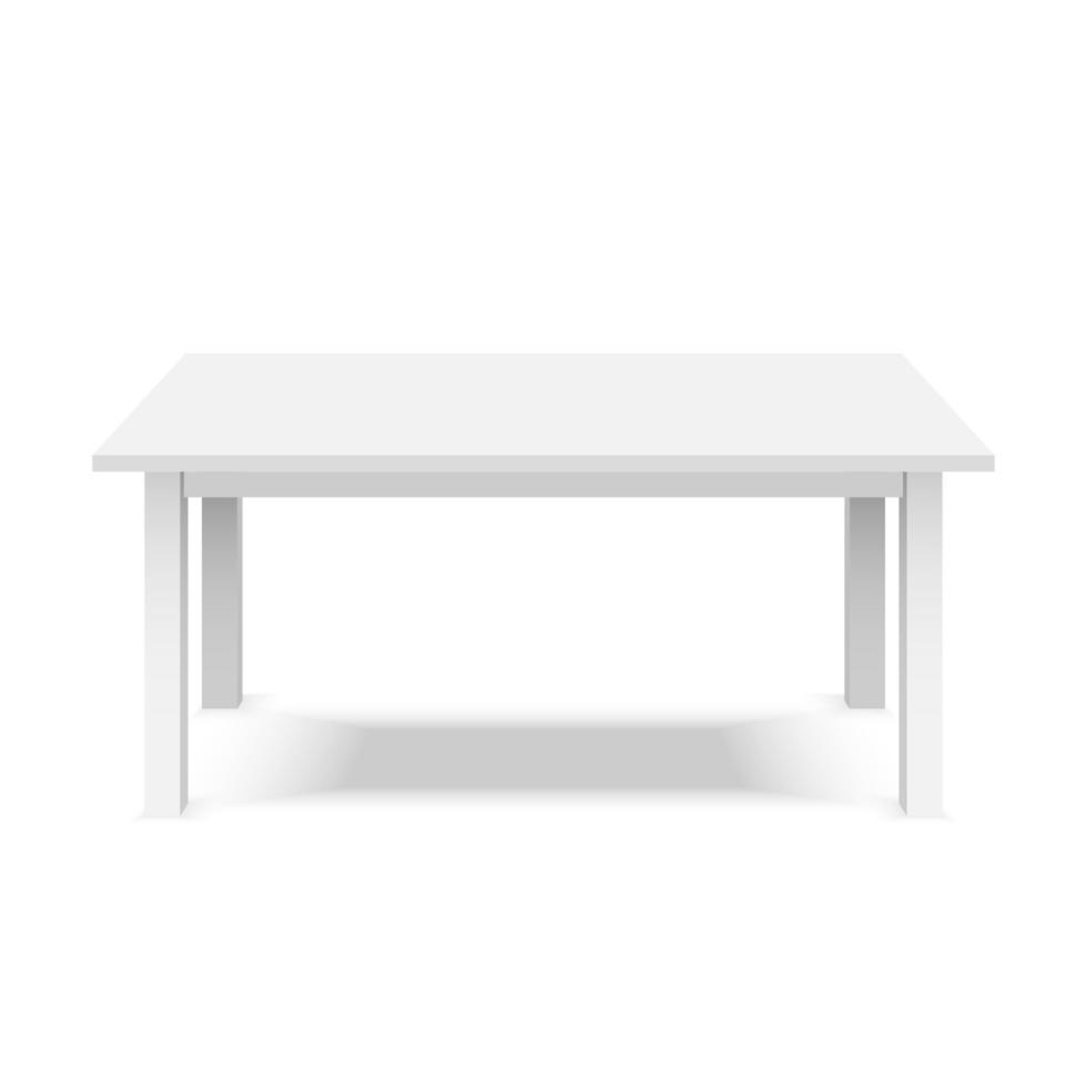 Empty top of white plastic table isolated on white background. For product display template. Vector 3d table for object presentation.