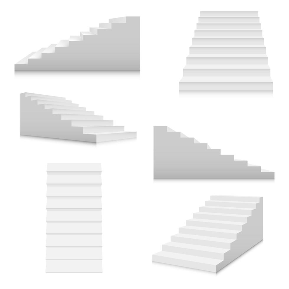 White stairs template set. Interior staircases in cartoon style isolated on white background. Vector 3d staircase illustration