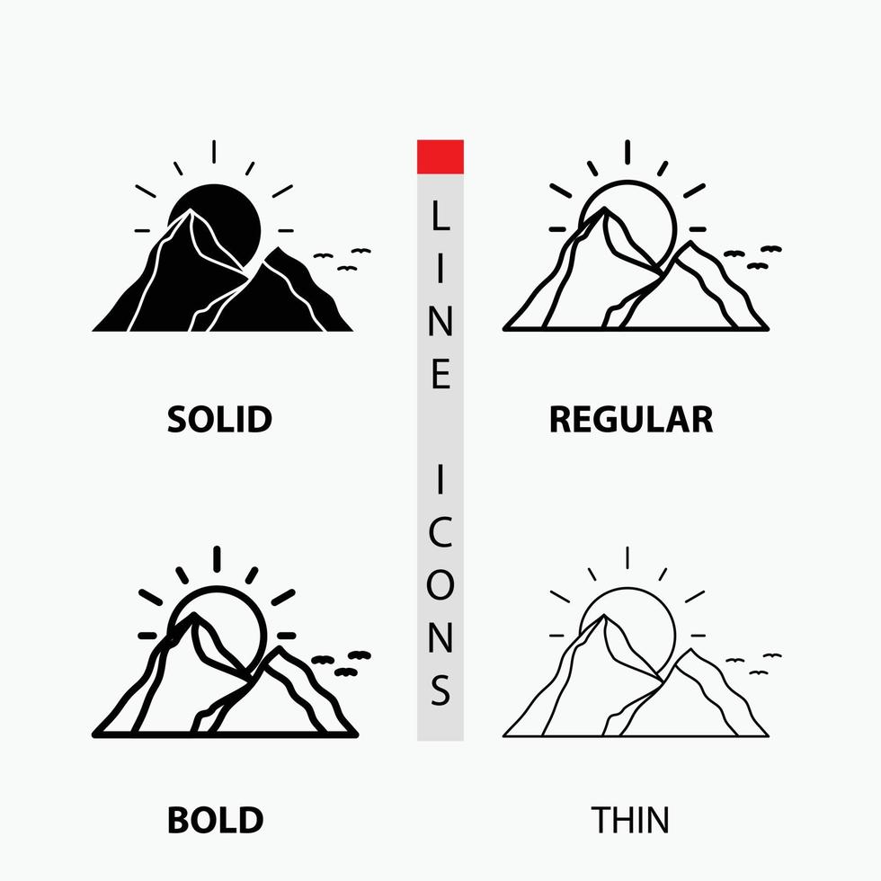 hill. landscape. nature. mountain. sun Icon in Thin. Regular. Bold Line and Glyph Style. Vector illustration