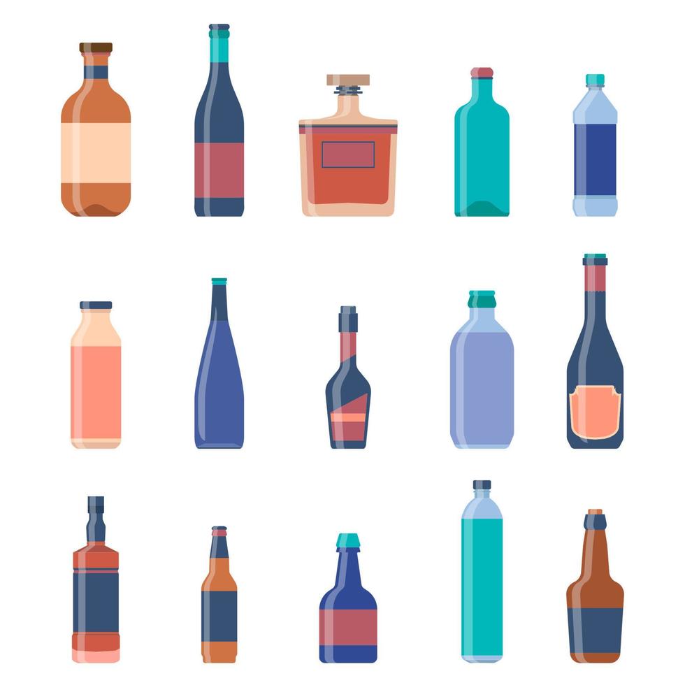 diferentes colecciones de botellas. fondo vintage de cerveza. licor, bebidas alcohólicas, botella de vodka,. vector