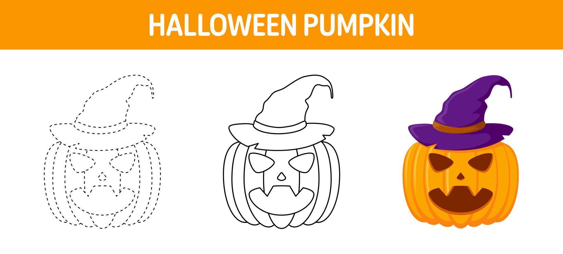 Pumpkin With Hat tracing and coloring worksheet for kids vector