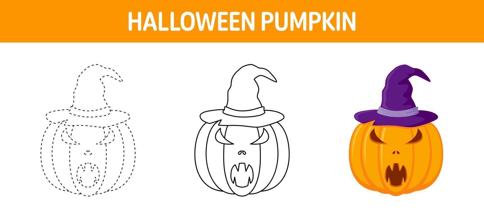 Pumpkin With Hat tracing and coloring worksheet for kids vector