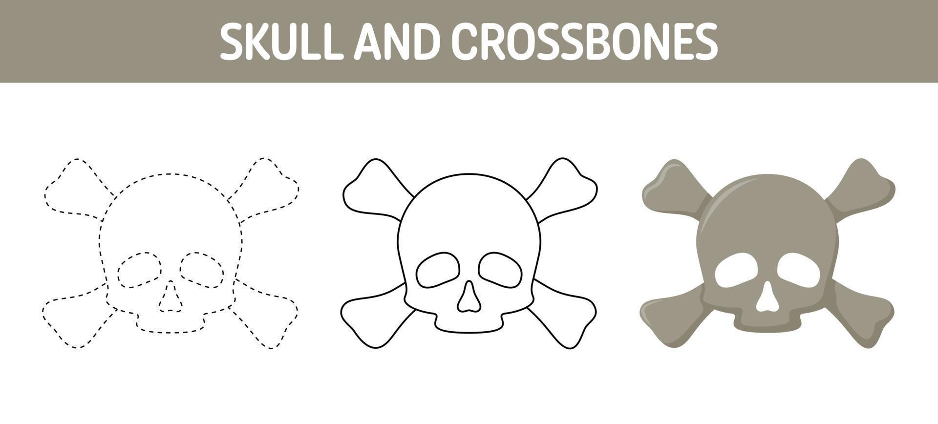 Skull And Crossbones tracing and coloring worksheet for kids vector