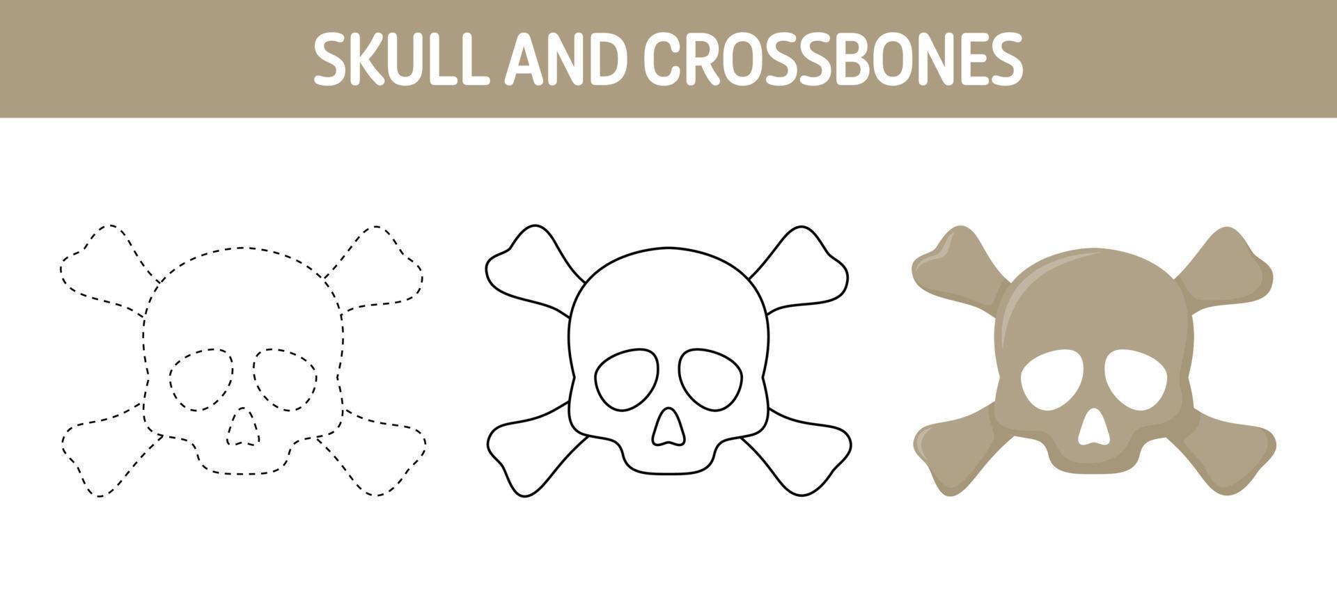 Skull And Crossbones tracing and coloring worksheet for kids vector