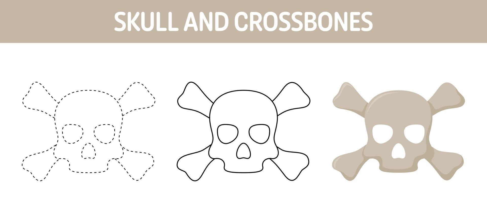 Skull And Crossbones tracing and coloring worksheet for kids vector