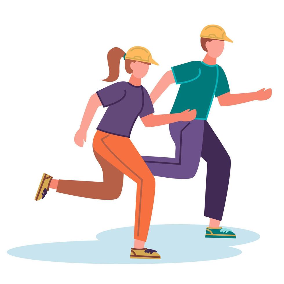 Young guy and girl volunteers run in helmets to help people. Vector illustration in a flat style.